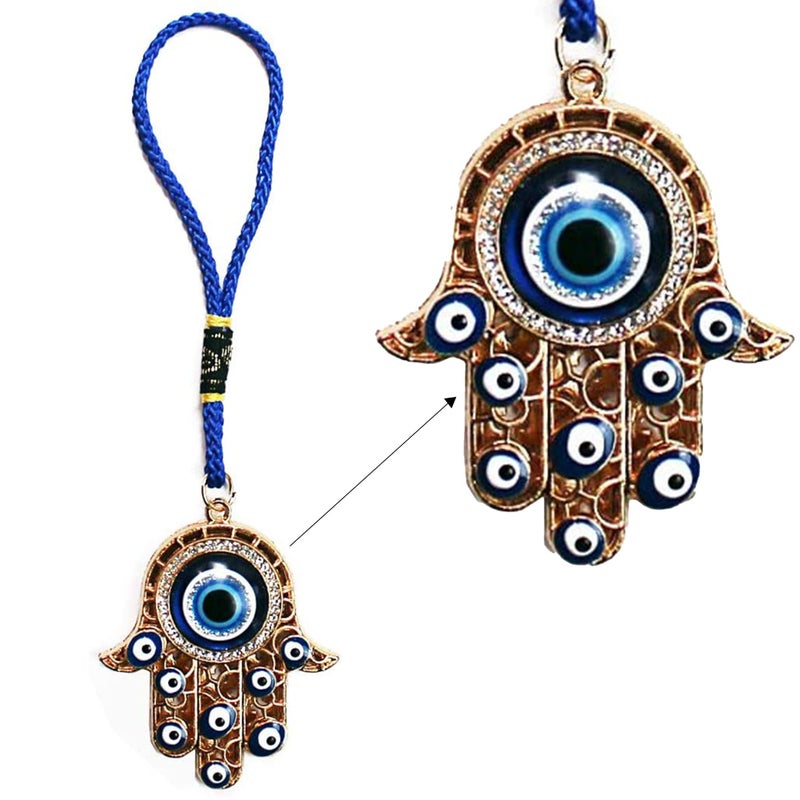 LUCKBOOSTIUM Hamsa Hand Amulet Pendant with Blue, White & Black Crystal Rhinestones & Evil Eye - Car Hanging Ornament, Rearview Mirror Accessories, Evil Eye Protection, Bag Charm, Gold Tassel - Image 1